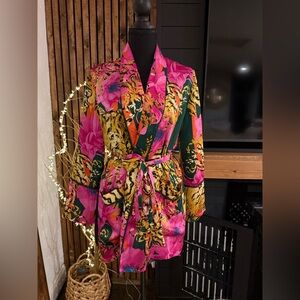 Pink Floral Satin Robe with Green Accents